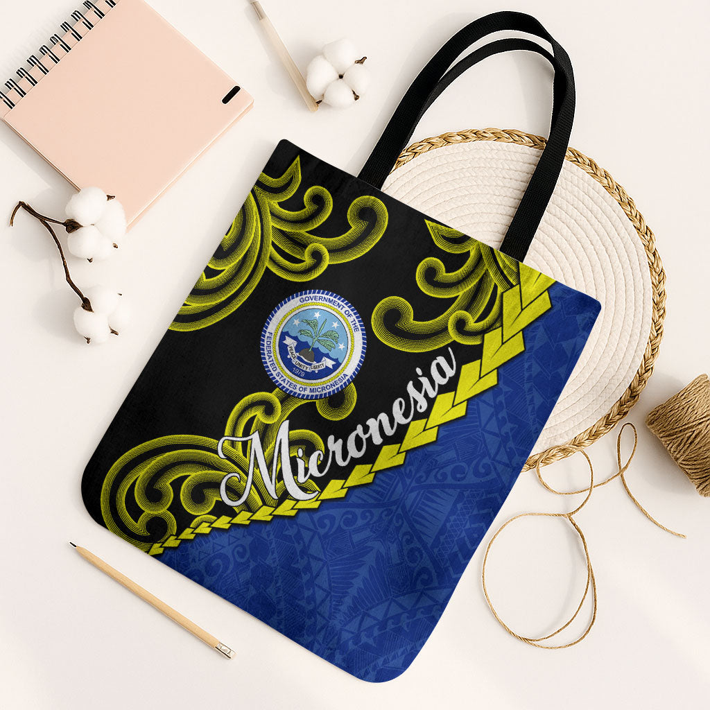 Federated States Of Micronesia FSM Tote Bag Pacific Islander Tribal Swirl Geometric Pattern TS04 Black Strap One Size Black Blue - Polynesian Pride