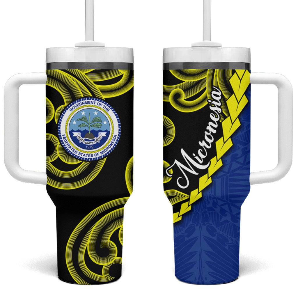 Federated States Of Micronesia FSM Tumbler With Handle Pacific Islander Tribal Swirl Geometric Pattern TS04 One Size: 40 oz Black Blue - Polynesian Pride
