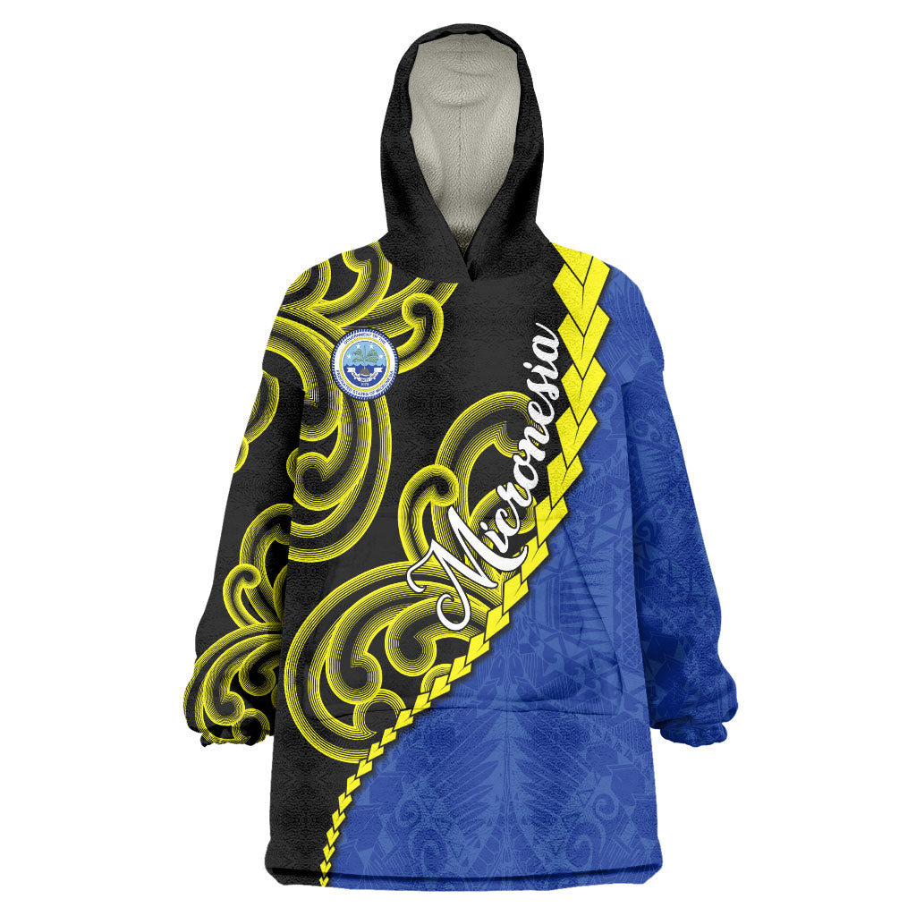 Federated States Of Micronesia FSM Wearable Blanket Hoodie Pacific Islander Tribal Swirl Geometric Pattern TS04 One Size Black Blue - Polynesian Pride