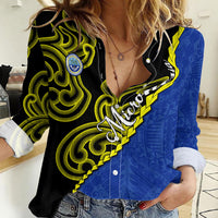 Federated States Of Micronesia FSM Women Casual Shirt Pacific Islander Tribal Swirl Geometric Pattern TS04 Female Black Blue - Polynesian Pride