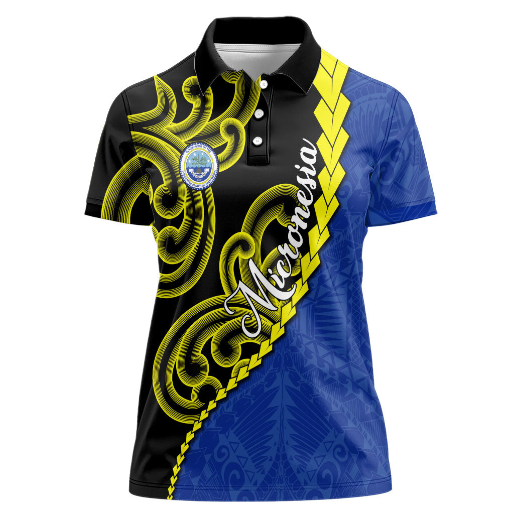 Federated States Of Micronesia FSM Women Polo Shirt Pacific Islander Tribal Swirl Geometric Pattern TS04 Female Black Blue - Polynesian Pride