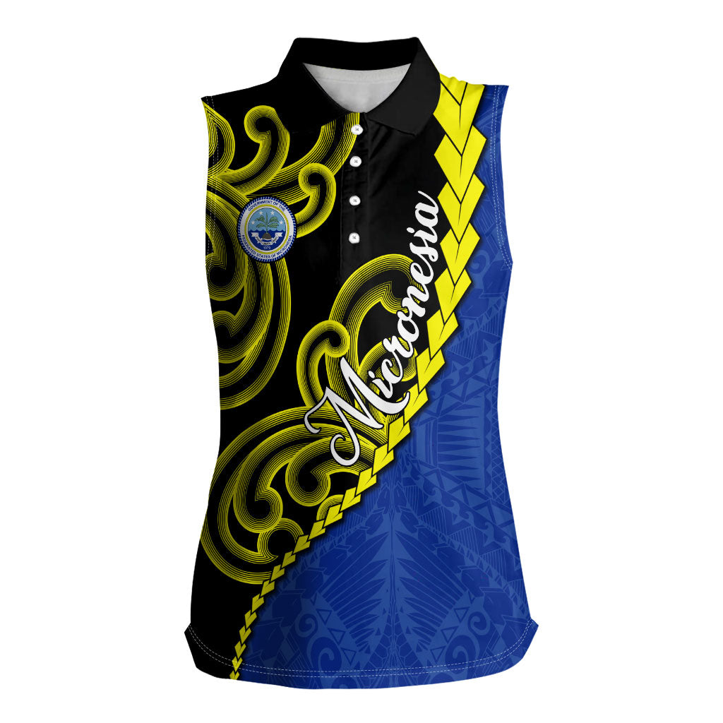 Federated States Of Micronesia FSM Women Sleeveless Polo Shirt Pacific Islander Tribal Swirl Geometric Pattern TS04 Female Black Blue - Polynesian Pride