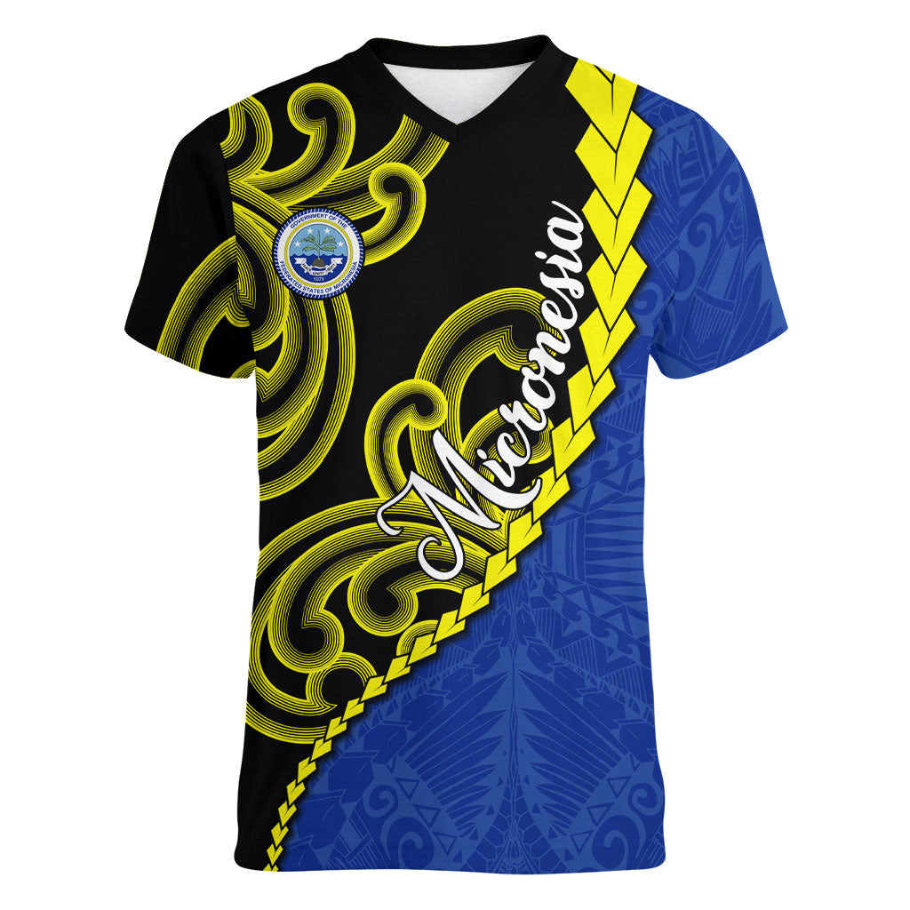 Federated States Of Micronesia FSM Women V-Neck T-Shirt Pacific Islander Tribal Swirl Geometric Pattern TS04 Female Black Blue - Polynesian Pride