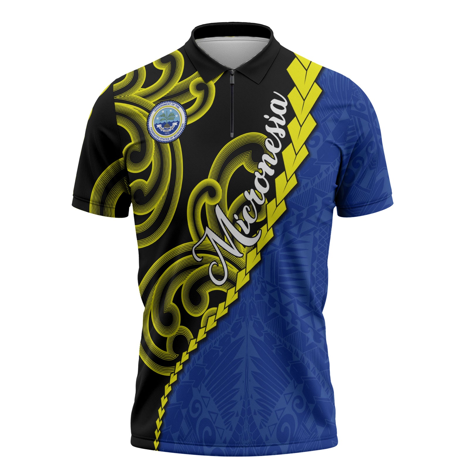 Federated States Of Micronesia FSM Zipper Polo Shirt Pacific Islander Tribal Swirl Geometric Pattern TS04 Black Blue - Polynesian Pride