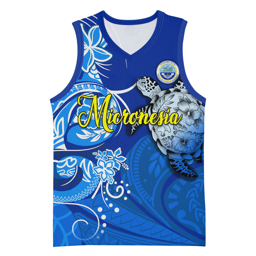 Micronesia Sea Turtle Basketball Jersey Federated States Of Micronesia Tribal Floral Pattern TS04 Unisex Blue White - Polynesian Pride