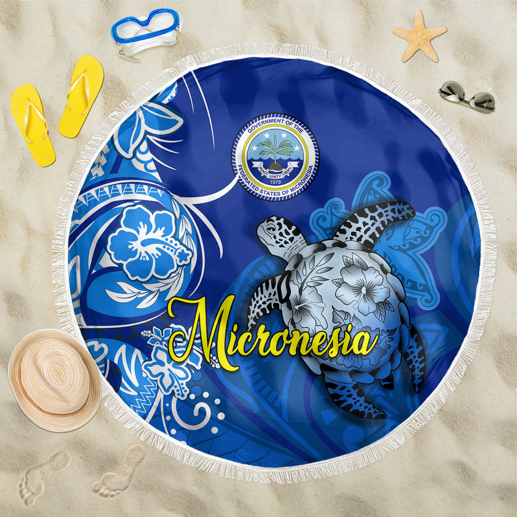 Micronesia Sea Turtle Beach Blanket Federated States Of Micronesia Tribal Floral Pattern TS04 One Size 150cm Blue White - Polynesian Pride