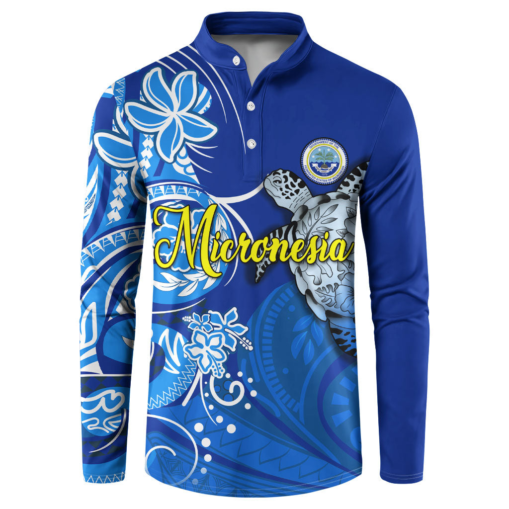 Micronesia Sea Turtle Button Sweatshirt Federated States Of Micronesia Tribal Floral Pattern TS04 Blue White - Polynesian Pride