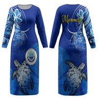 Micronesia Sea Turtle Couples Matching Long Sleeve Bodycon Dress and Hawaiian Shirt Federated States Of Micronesia Tribal Floral Pattern TS04 - Polynesian Pride