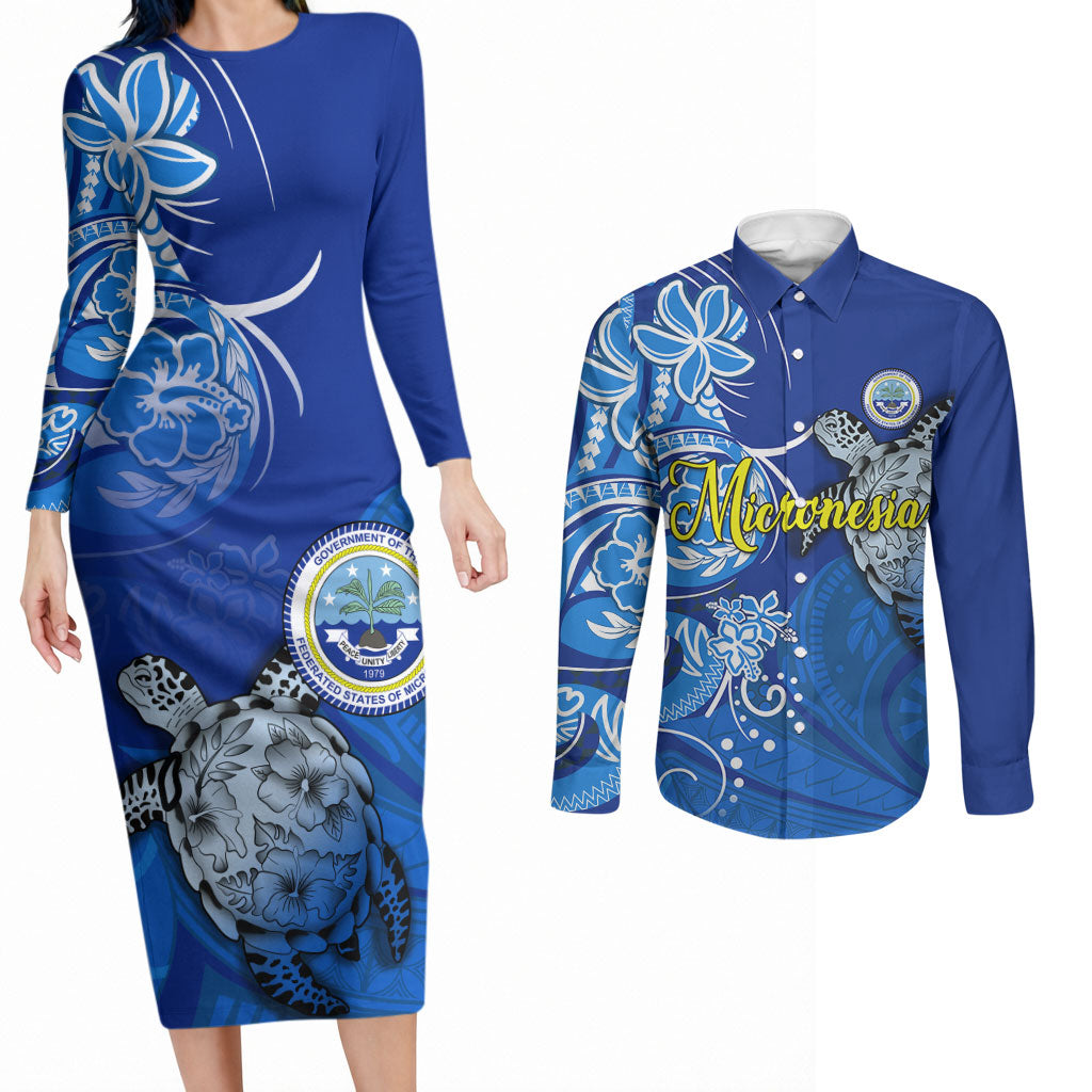 Micronesia Sea Turtle Couples Matching Long Sleeve Bodycon Dress and Long Sleeve Button Shirt Federated States Of Micronesia Tribal Floral Pattern TS04 Blue White - Polynesian Pride