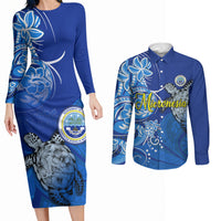 Micronesia Sea Turtle Couples Matching Long Sleeve Bodycon Dress and Long Sleeve Button Shirt Federated States Of Micronesia Tribal Floral Pattern TS04 Blue White - Polynesian Pride