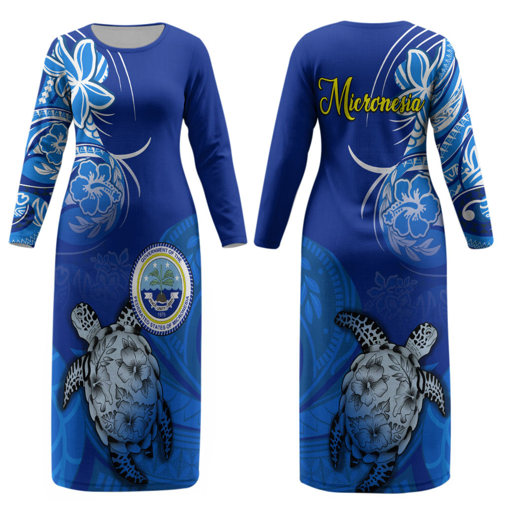 Micronesia Sea Turtle Couples Matching Long Sleeve Bodycon Dress and Long Sleeve Button Shirt Federated States Of Micronesia Tribal Floral Pattern TS04 - Polynesian Pride