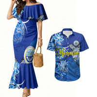 Micronesia Sea Turtle Couples Matching Mermaid Dress and Hawaiian Shirt Federated States Of Micronesia Tribal Floral Pattern TS04 Blue White - Polynesian Pride