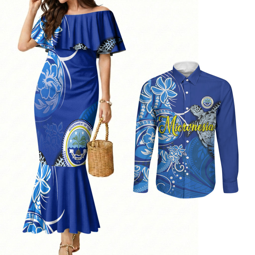 Micronesia Sea Turtle Couples Matching Mermaid Dress and Long Sleeve Button Shirt Federated States Of Micronesia Tribal Floral Pattern TS04 Blue White - Polynesian Pride