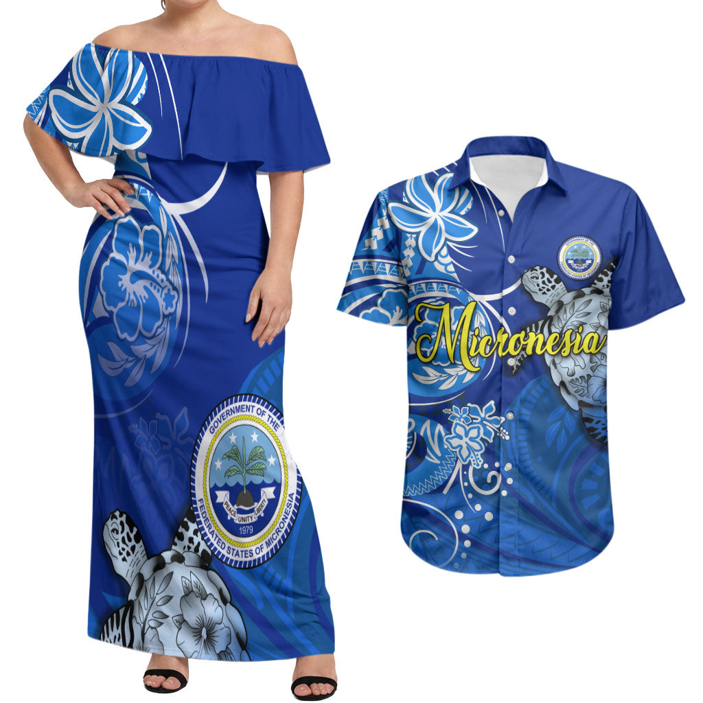 Micronesia Sea Turtle Couples Matching Off Shoulder Maxi Dress and Hawaiian Shirt Federated States Of Micronesia Tribal Floral Pattern TS04 Blue White - Polynesian Pride