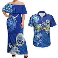 Micronesia Sea Turtle Couples Matching Off Shoulder Maxi Dress and Hawaiian Shirt Federated States Of Micronesia Tribal Floral Pattern TS04 Blue White - Polynesian Pride