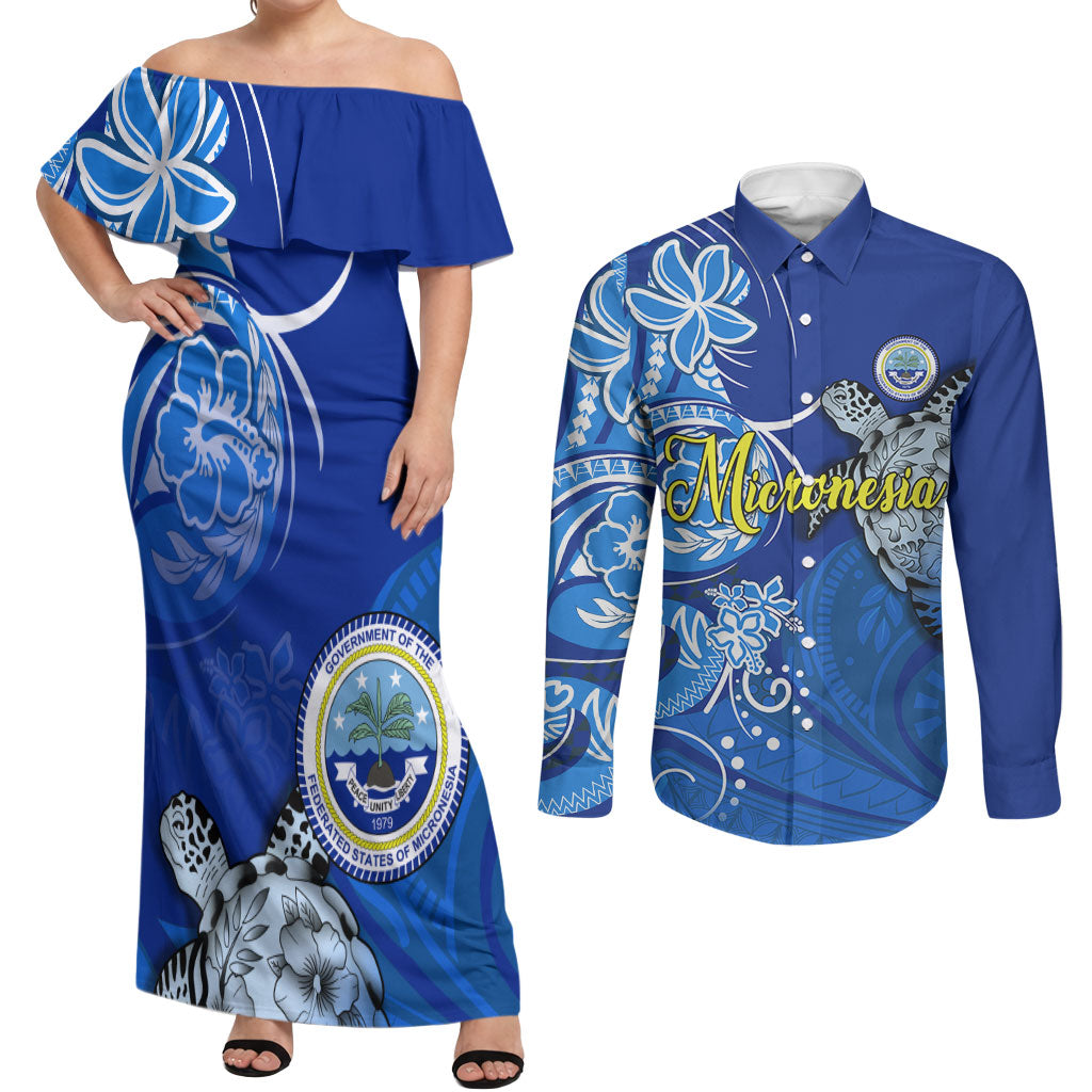 Micronesia Sea Turtle Couples Matching Off Shoulder Maxi Dress and Long Sleeve Button Shirt Federated States Of Micronesia Tribal Floral Pattern TS04 Blue White - Polynesian Pride