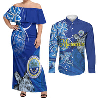 Micronesia Sea Turtle Couples Matching Off Shoulder Maxi Dress and Long Sleeve Button Shirt Federated States Of Micronesia Tribal Floral Pattern TS04 Blue White - Polynesian Pride