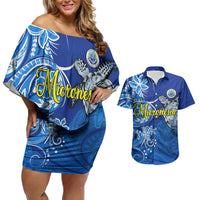Micronesia Sea Turtle Couples Matching Off Shoulder Short Dress and Hawaiian Shirt Federated States Of Micronesia Tribal Floral Pattern TS04 Blue White - Polynesian Pride