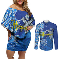 Micronesia Sea Turtle Couples Matching Off Shoulder Short Dress and Long Sleeve Button Shirt Federated States Of Micronesia Tribal Floral Pattern TS04 Blue White - Polynesian Pride