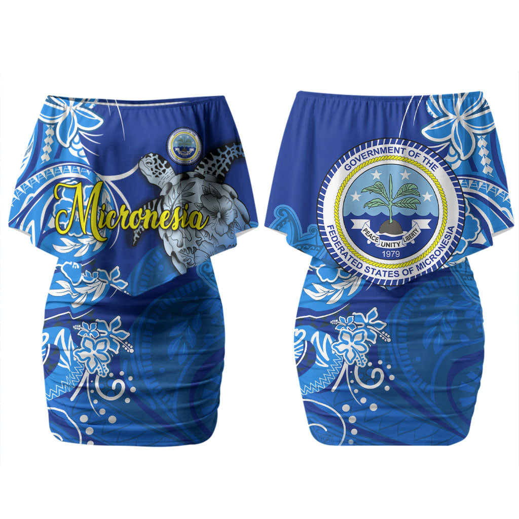 Micronesia Sea Turtle Couples Matching Off Shoulder Short Dress and Long Sleeve Button Shirt Federated States Of Micronesia Tribal Floral Pattern TS04 - Polynesian Pride