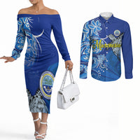 Micronesia Sea Turtle Couples Matching Off The Shoulder Long Sleeve Dress and Long Sleeve Button Shirt Federated States Of Micronesia Tribal Floral Pattern TS04 Blue White - Polynesian Pride