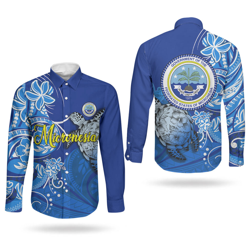 Micronesia Sea Turtle Couples Matching Off The Shoulder Long Sleeve Dress and Long Sleeve Button Shirt Federated States Of Micronesia Tribal Floral Pattern TS04 - Polynesian Pride