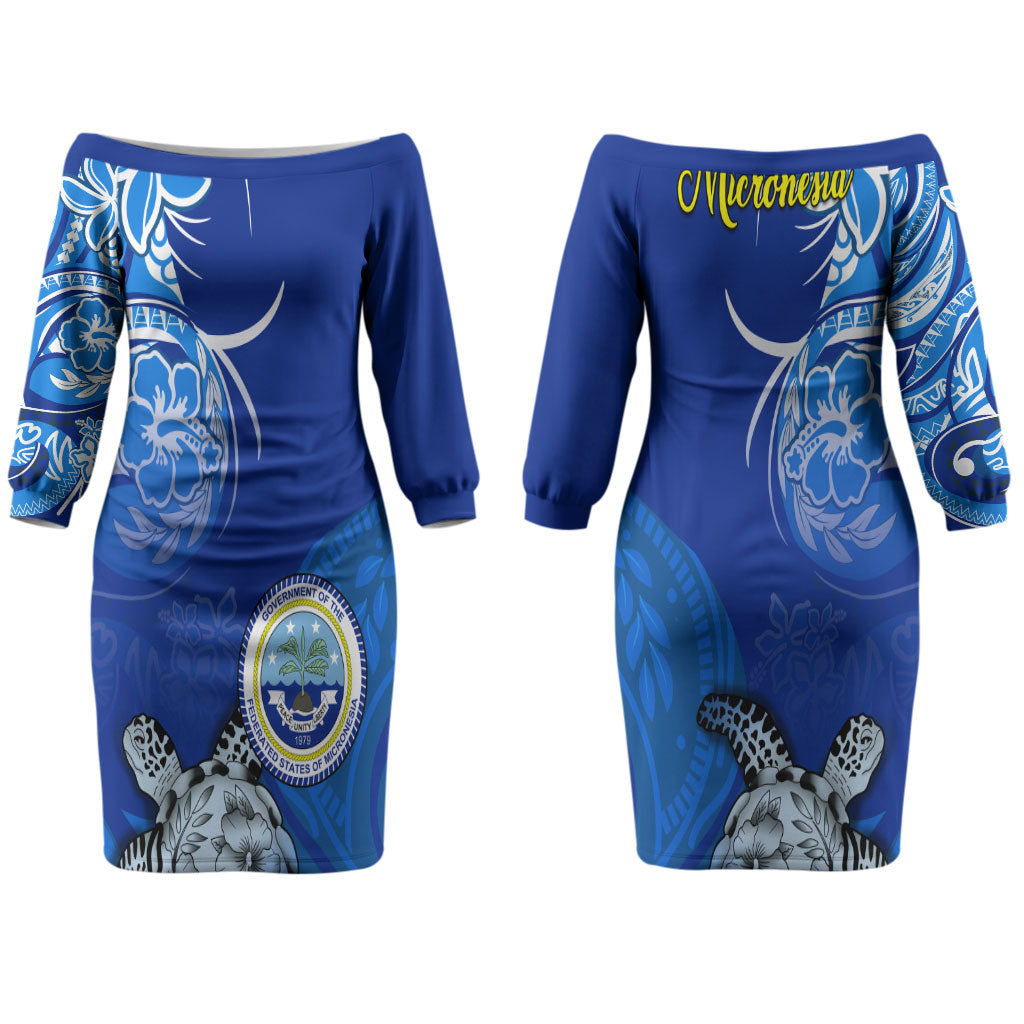 Micronesia Sea Turtle Couples Matching Off The Shoulder Long Sleeve Dress and Long Sleeve Button Shirt Federated States Of Micronesia Tribal Floral Pattern TS04 - Polynesian Pride