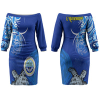 Micronesia Sea Turtle Couples Matching Off The Shoulder Long Sleeve Dress and Long Sleeve Button Shirt Federated States Of Micronesia Tribal Floral Pattern TS04 - Polynesian Pride