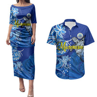 Micronesia Sea Turtle Couples Matching Puletasi and Hawaiian Shirt Federated States Of Micronesia Tribal Floral Pattern TS04 Blue White - Polynesian Pride
