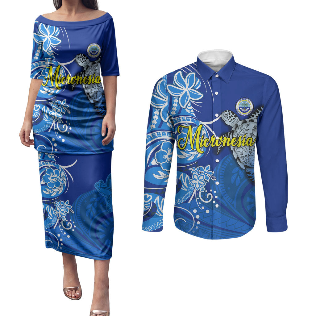 Micronesia Sea Turtle Couples Matching Puletasi and Long Sleeve Button Shirt Federated States Of Micronesia Tribal Floral Pattern TS04 Blue White - Polynesian Pride