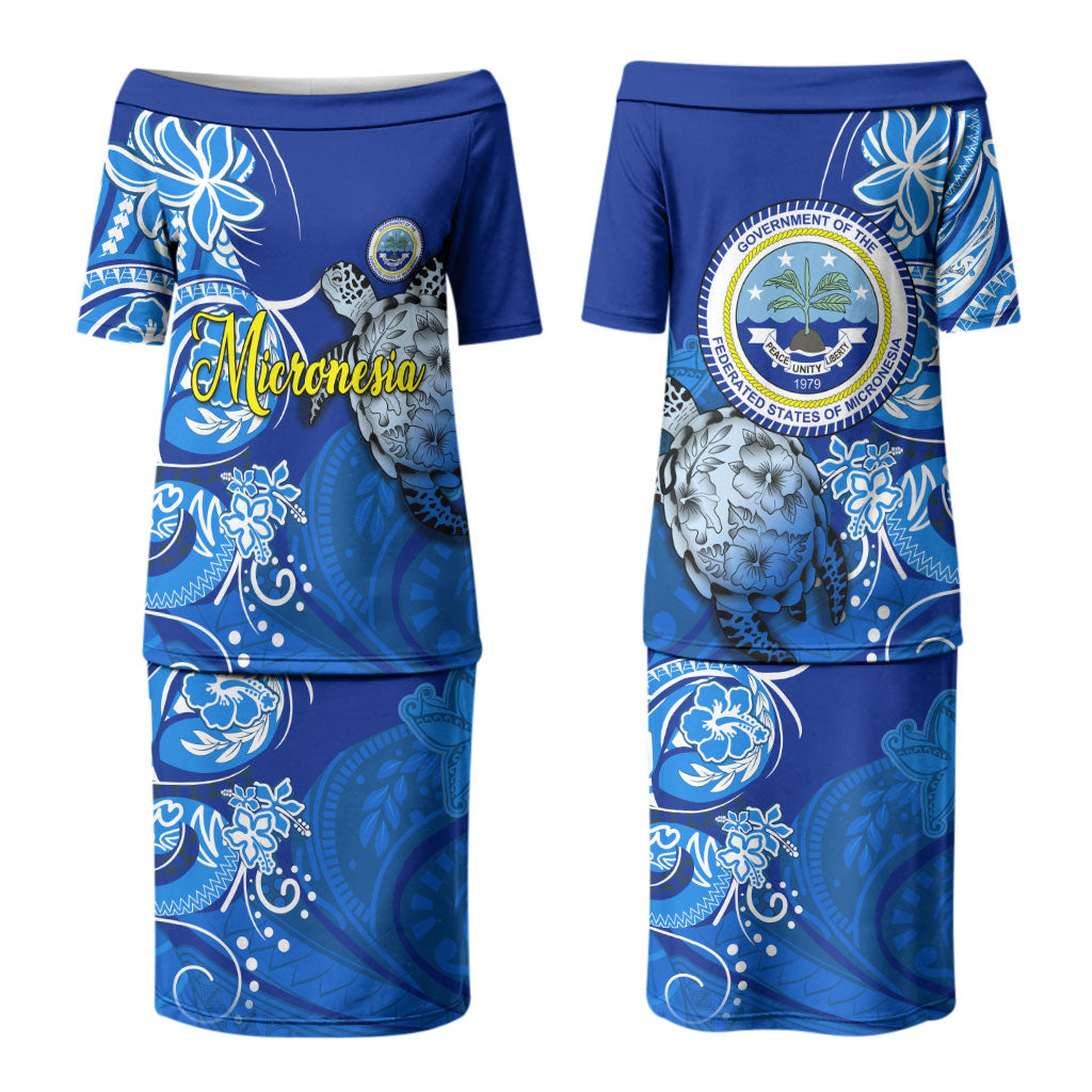 Micronesia Sea Turtle Couples Matching Puletasi and Long Sleeve Button Shirt Federated States Of Micronesia Tribal Floral Pattern TS04 - Polynesian Pride