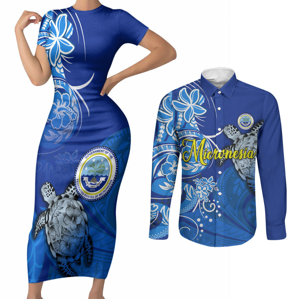 Micronesia Sea Turtle Couples Matching Short Sleeve Bodycon Dress and Long Sleeve Button Shirt Federated States Of Micronesia Tribal Floral Pattern TS04 Blue White - Polynesian Pride