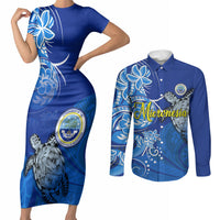 Micronesia Sea Turtle Couples Matching Short Sleeve Bodycon Dress and Long Sleeve Button Shirt Federated States Of Micronesia Tribal Floral Pattern TS04 Blue White - Polynesian Pride