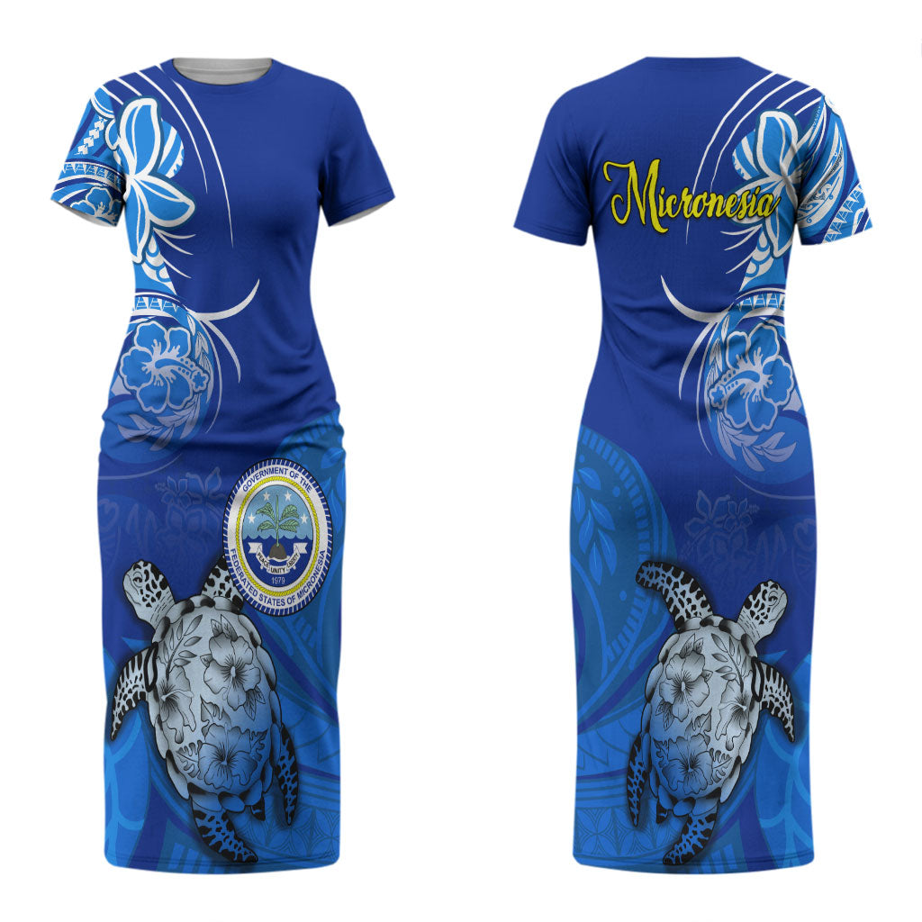 Micronesia Sea Turtle Couples Matching Short Sleeve Bodycon Dress and Long Sleeve Button Shirt Federated States Of Micronesia Tribal Floral Pattern TS04 - Polynesian Pride