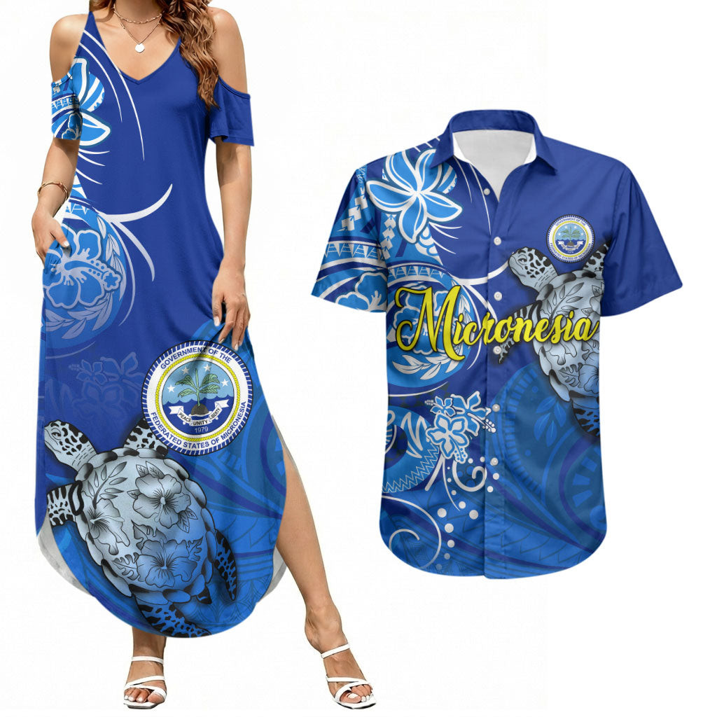 Micronesia Sea Turtle Couples Matching Summer Maxi Dress and Hawaiian Shirt Federated States Of Micronesia Tribal Floral Pattern TS04 Blue White - Polynesian Pride