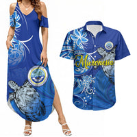 Micronesia Sea Turtle Couples Matching Summer Maxi Dress and Hawaiian Shirt Federated States Of Micronesia Tribal Floral Pattern TS04 Blue White - Polynesian Pride