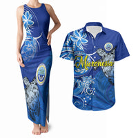 Micronesia Sea Turtle Couples Matching Tank Maxi Dress and Hawaiian Shirt Federated States Of Micronesia Tribal Floral Pattern TS04 Blue White - Polynesian Pride