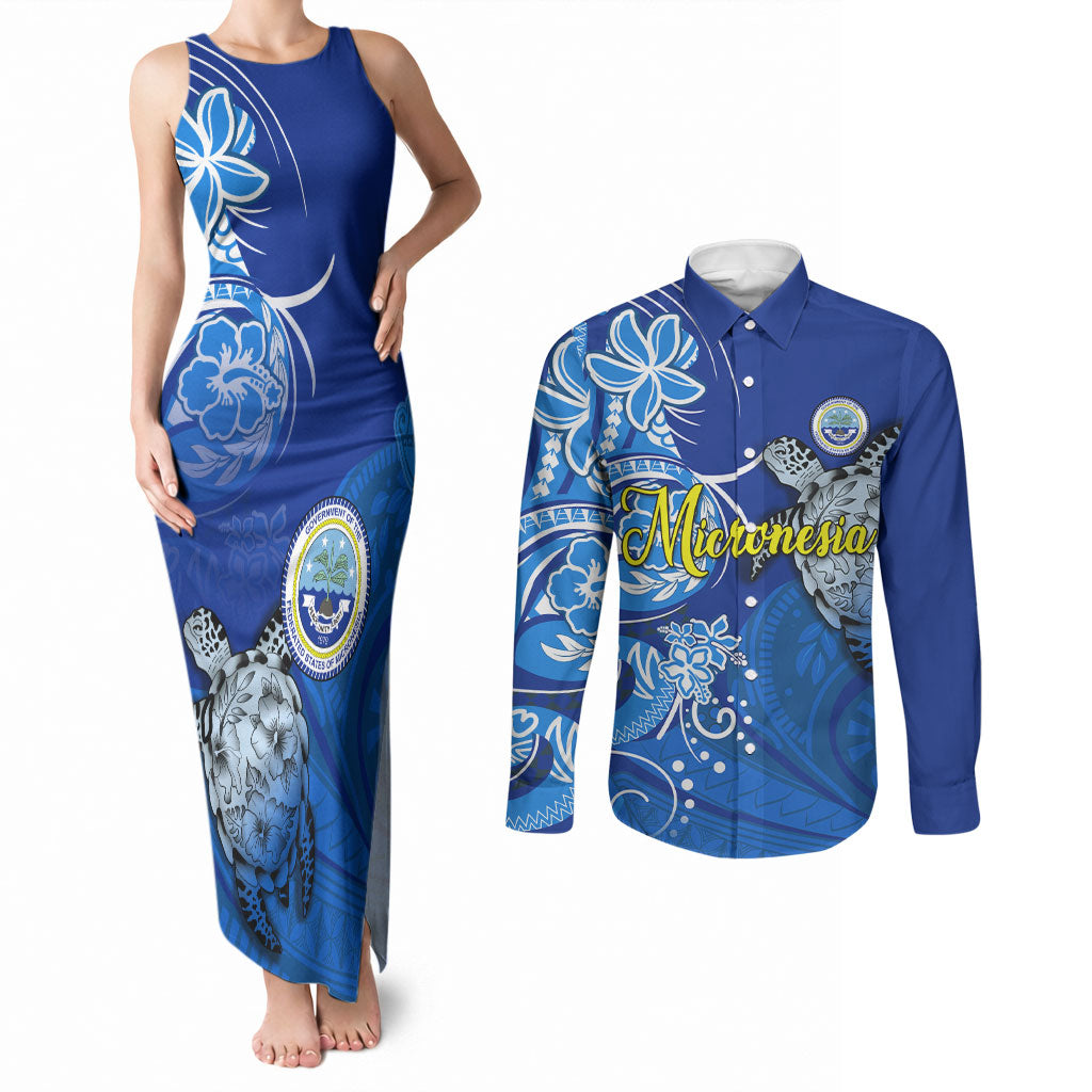 Micronesia Sea Turtle Couples Matching Tank Maxi Dress and Long Sleeve Button Shirt Federated States Of Micronesia Tribal Floral Pattern TS04 Blue White - Polynesian Pride