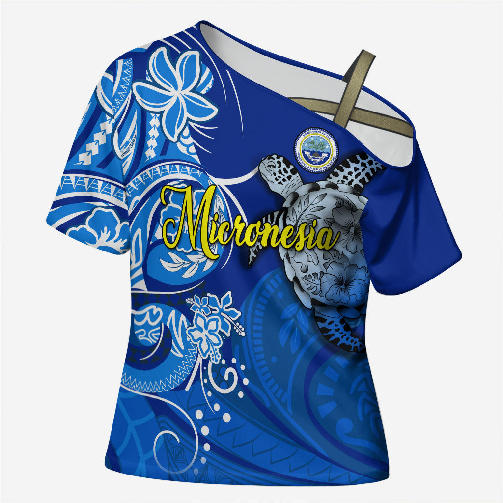 Micronesia Sea Turtle Cross Shoulder Shirt Federated States Of Micronesia Tribal Floral Pattern TS04 Female Blue White - Polynesian Pride
