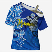 Micronesia Sea Turtle Cross Shoulder Shirt Federated States Of Micronesia Tribal Floral Pattern TS04 Female Blue White - Polynesian Pride