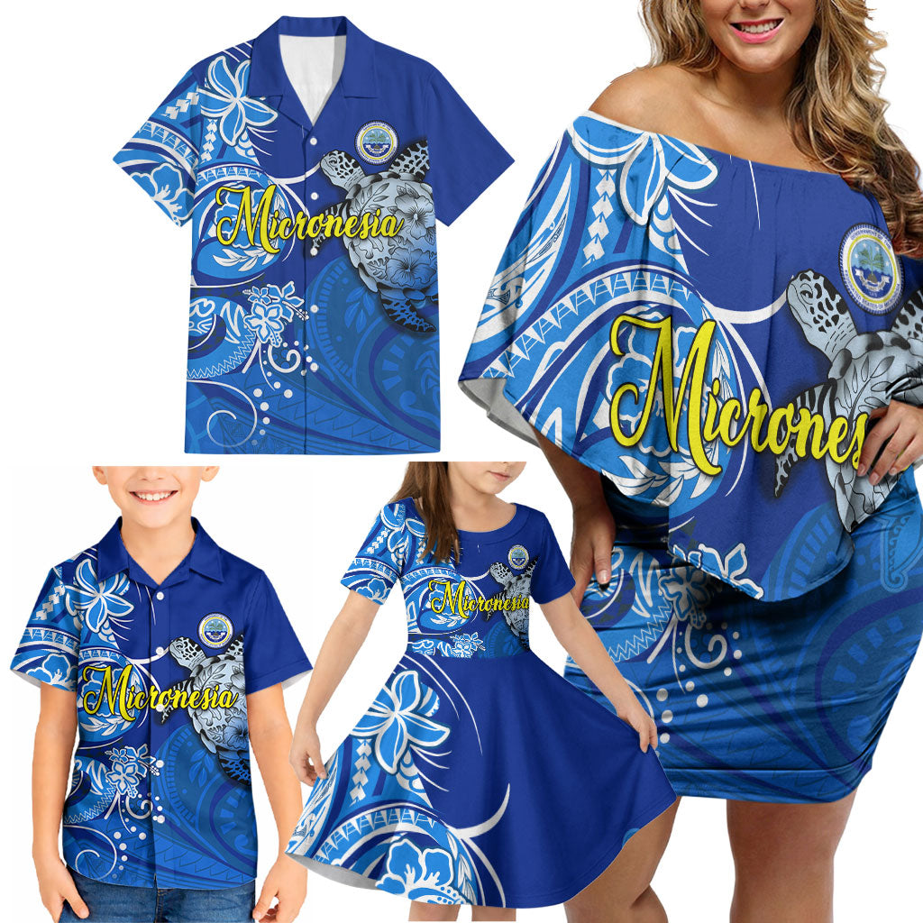 Micronesia Sea Turtle Family Matching Off Shoulder Short Dress and Hawaiian Shirt Federated States Of Micronesia Tribal Floral Pattern TS04 - Polynesian Pride
