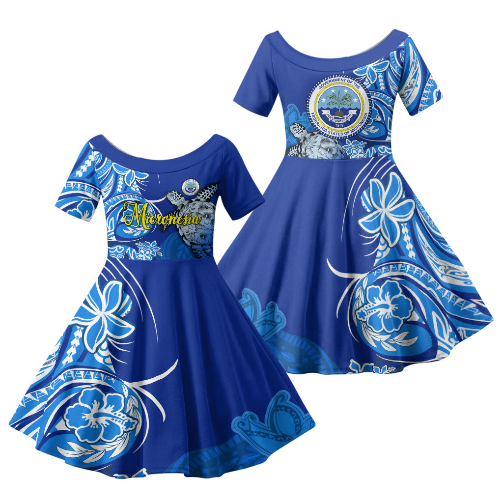 Micronesia Sea Turtle Family Matching Tank Maxi Dress and Hawaiian Shirt Federated States Of Micronesia Tribal Floral Pattern TS04 Daughter's Dress Blue White - Polynesian Pride