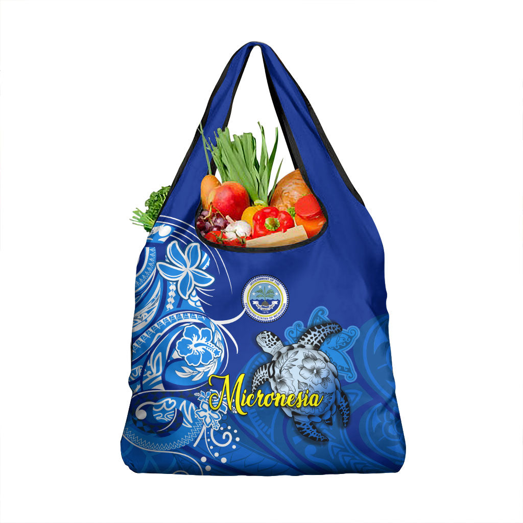 Micronesia Sea Turtle Grocery Bag Federated States Of Micronesia Tribal Floral Pattern TS04 1-pack One Size Blue White - Polynesian Pride