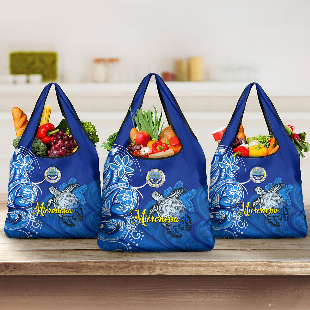 Micronesia Sea Turtle Grocery Bag Federated States Of Micronesia Tribal Floral Pattern TS04 3-pack One Size Blue White - Polynesian Pride