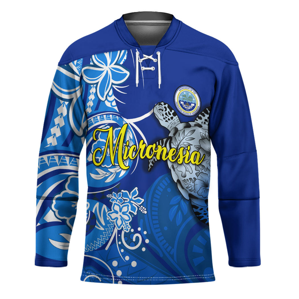 Micronesia Sea Turtle Hockey Jersey Federated States Of Micronesia Tribal Floral Pattern TS04 Unisex Blue White - Polynesian Pride