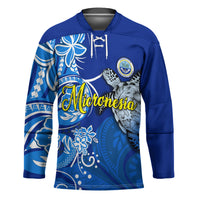 Micronesia Sea Turtle Hockey Jersey Federated States Of Micronesia Tribal Floral Pattern TS04 Unisex Blue White - Polynesian Pride