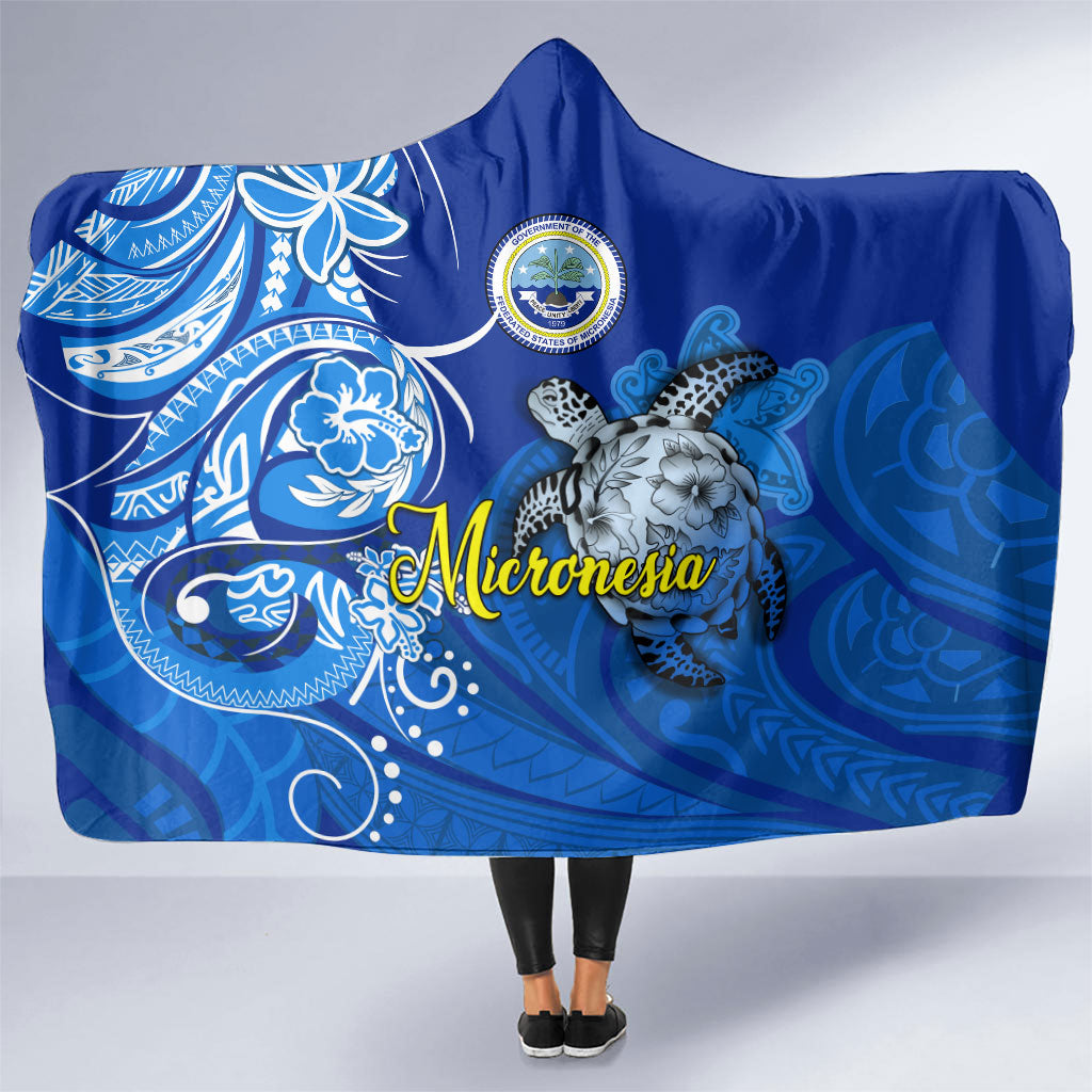 Micronesia Sea Turtle Hooded Blanket Federated States Of Micronesia Tribal Floral Pattern TS04 One Size Blue White - Polynesian Pride
