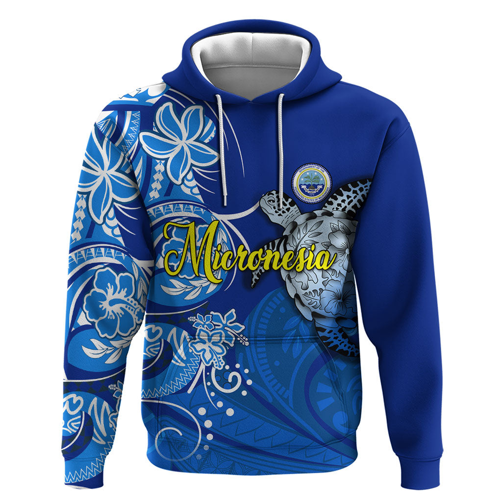 Micronesia Sea Turtle Hoodie Federated States Of Micronesia Tribal Floral Pattern TS04 Pullover Hoodie Blue White - Polynesian Pride