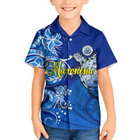 Micronesia Sea Turtle Kid Hawaiian Shirt Federated States Of Micronesia Tribal Floral Pattern TS04 Kid Blue White - Polynesian Pride