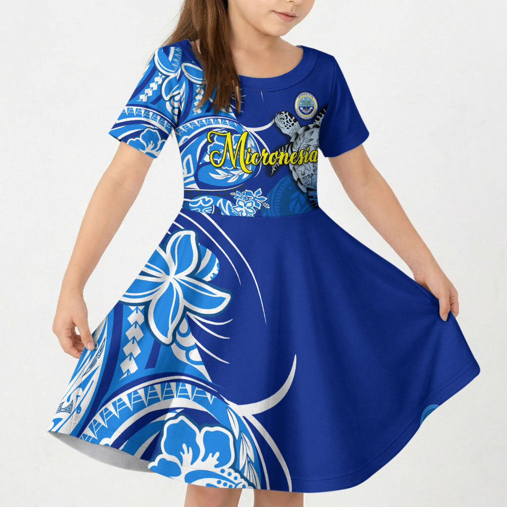 Micronesia Sea Turtle Kid Short Sleeve Dress Federated States Of Micronesia Tribal Floral Pattern TS04 KID Blue White - Polynesian Pride